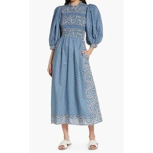 Sea New York Tuckernuck Fernanda Puff Sleeve Smocked Midi Dress Blue Cottage XS